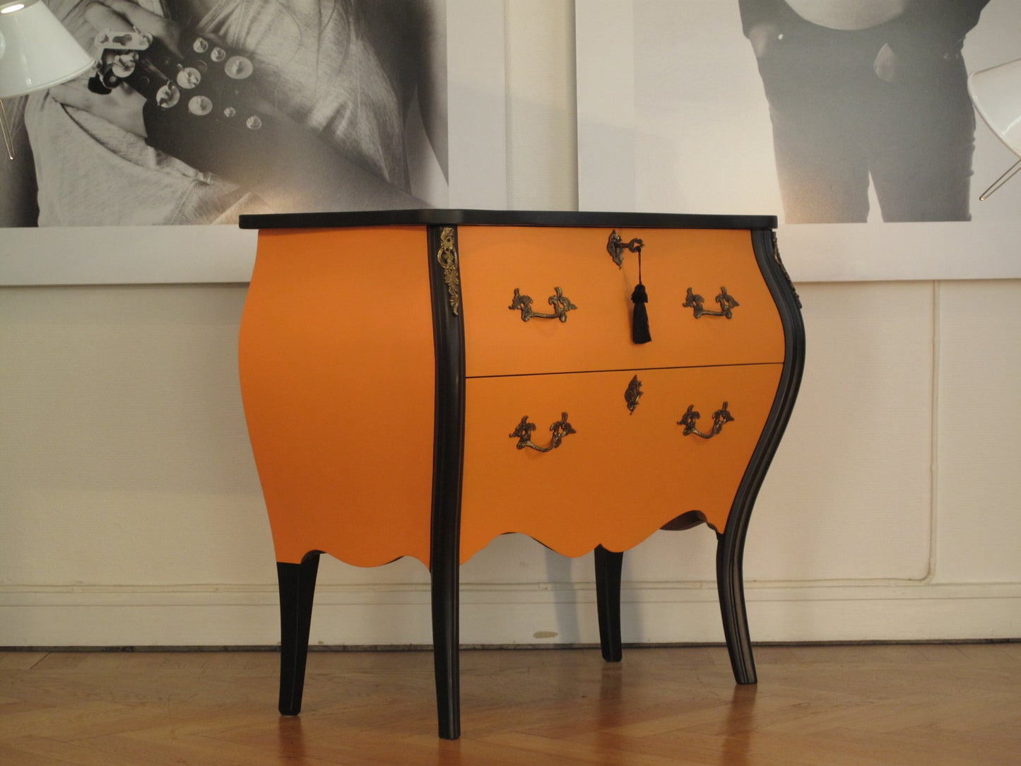 (913) Rococo Two Drawer Chest In Classic Orange  & Black With Marble Top