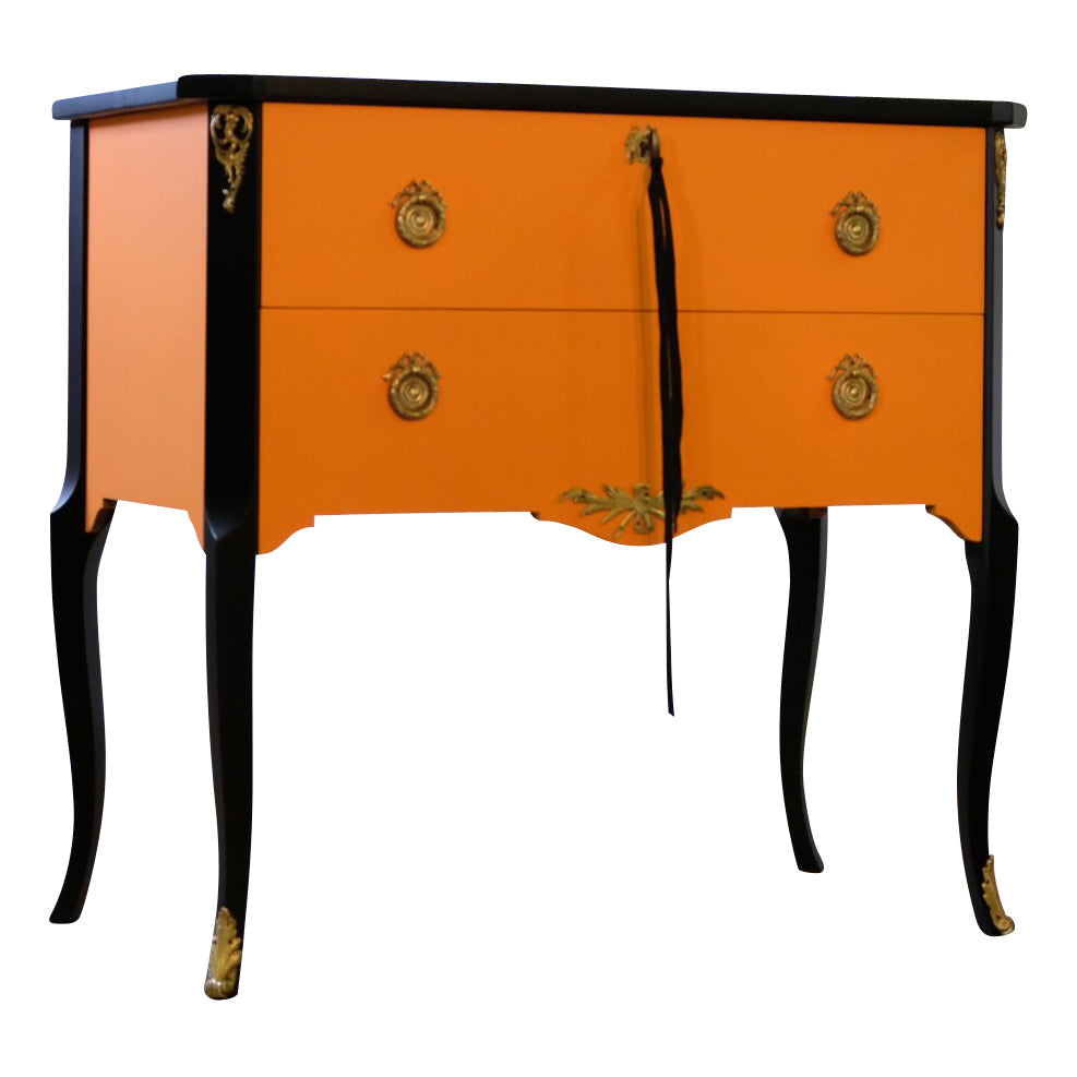 (744) Gustavian Style Commode in Orange & Black with Brass Details (Single)