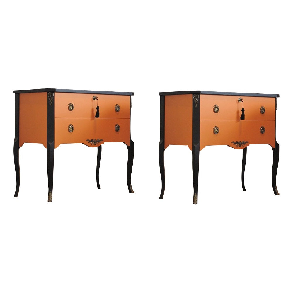 (721-2) Gustavian Style Commode in Orange & Black with Brass Details (Pair)