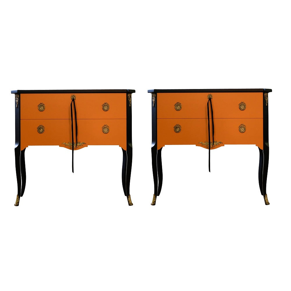 (721-2) Gustavian Style Commode in Orange & Black with Brass Details (Pair)