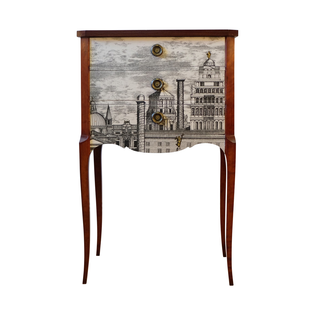 (607) Louis XV Style Chest with Fornasetti Pattern of Ancient Rome and Wooden Top