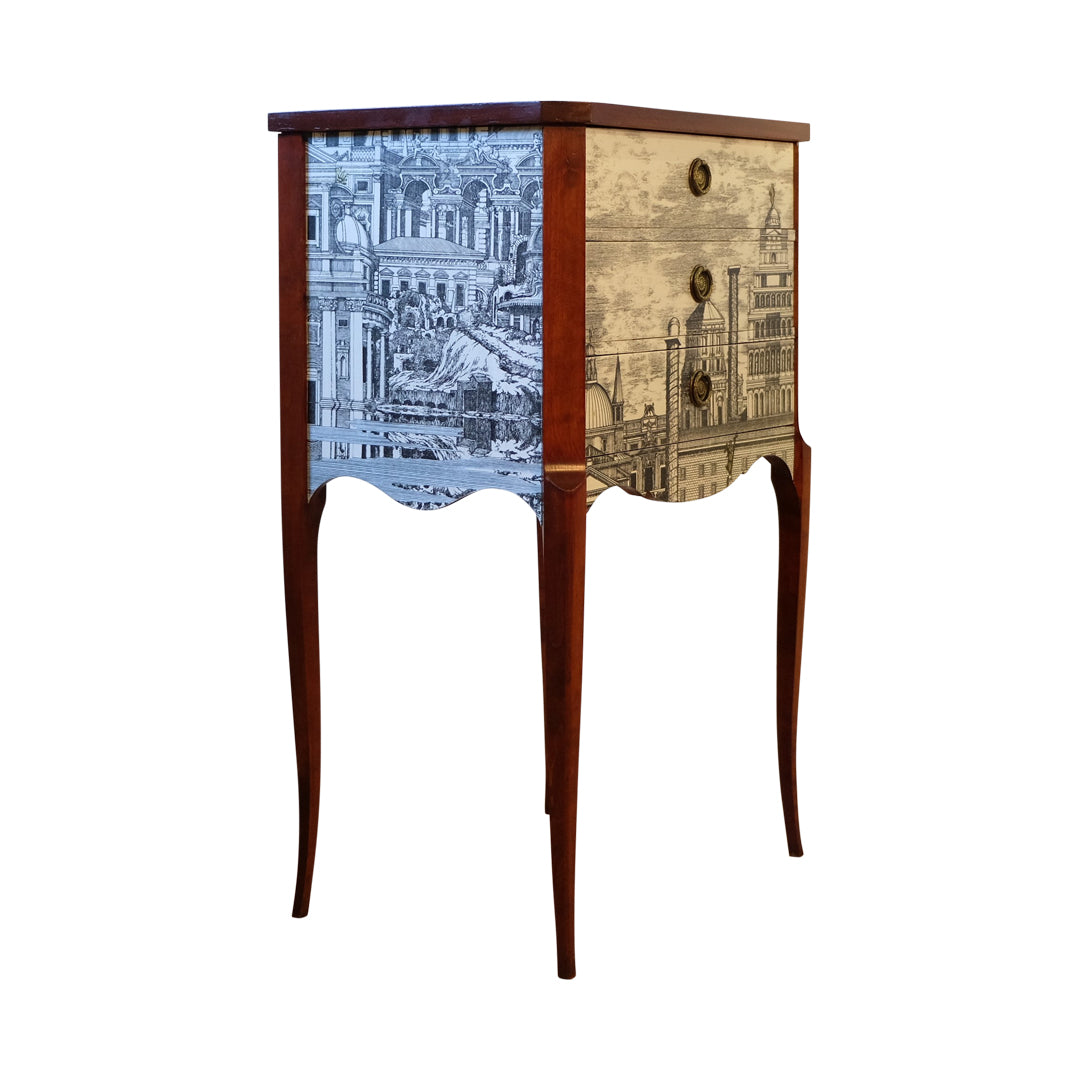 (607) Louis XV Style Chest with Fornasetti Pattern of Ancient Rome and Wooden Top