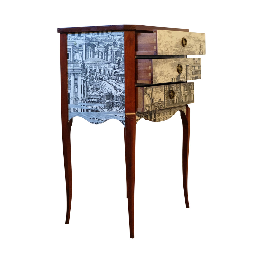 (607) Louis XV Style Chest with Fornasetti Pattern of Ancient Rome and Wooden Top