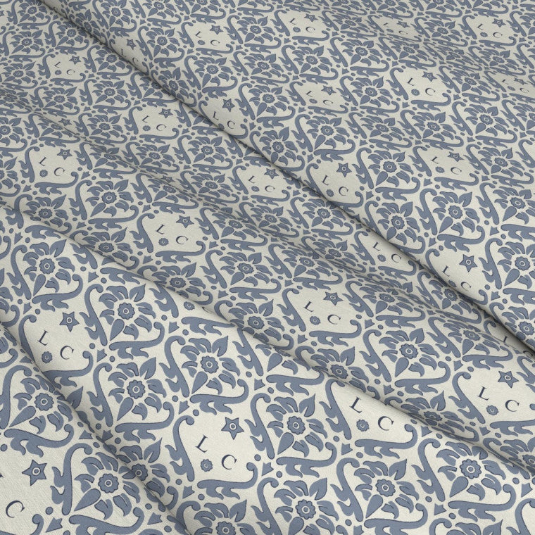 MONOGRAM DAMASK Blue Linen Mix Fabric - Warner House
