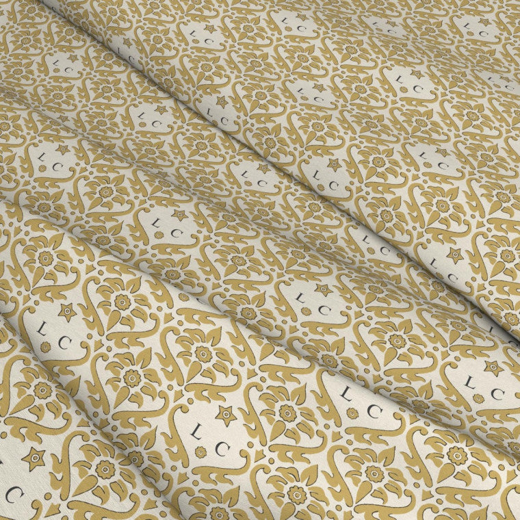 MONOGRAM DAMASK Gold Linen Mix Fabric - Warner House
