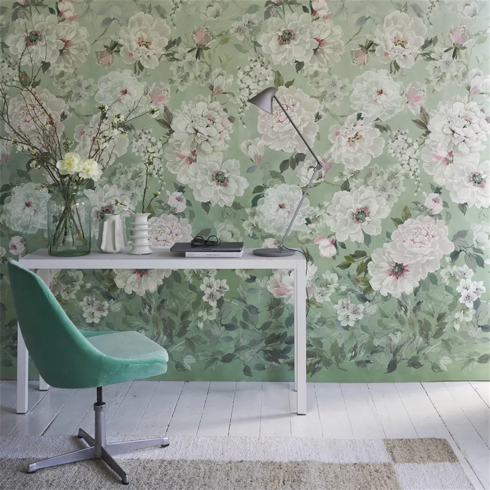 Fleur Blanche Eau De Nil Room Wallpaper