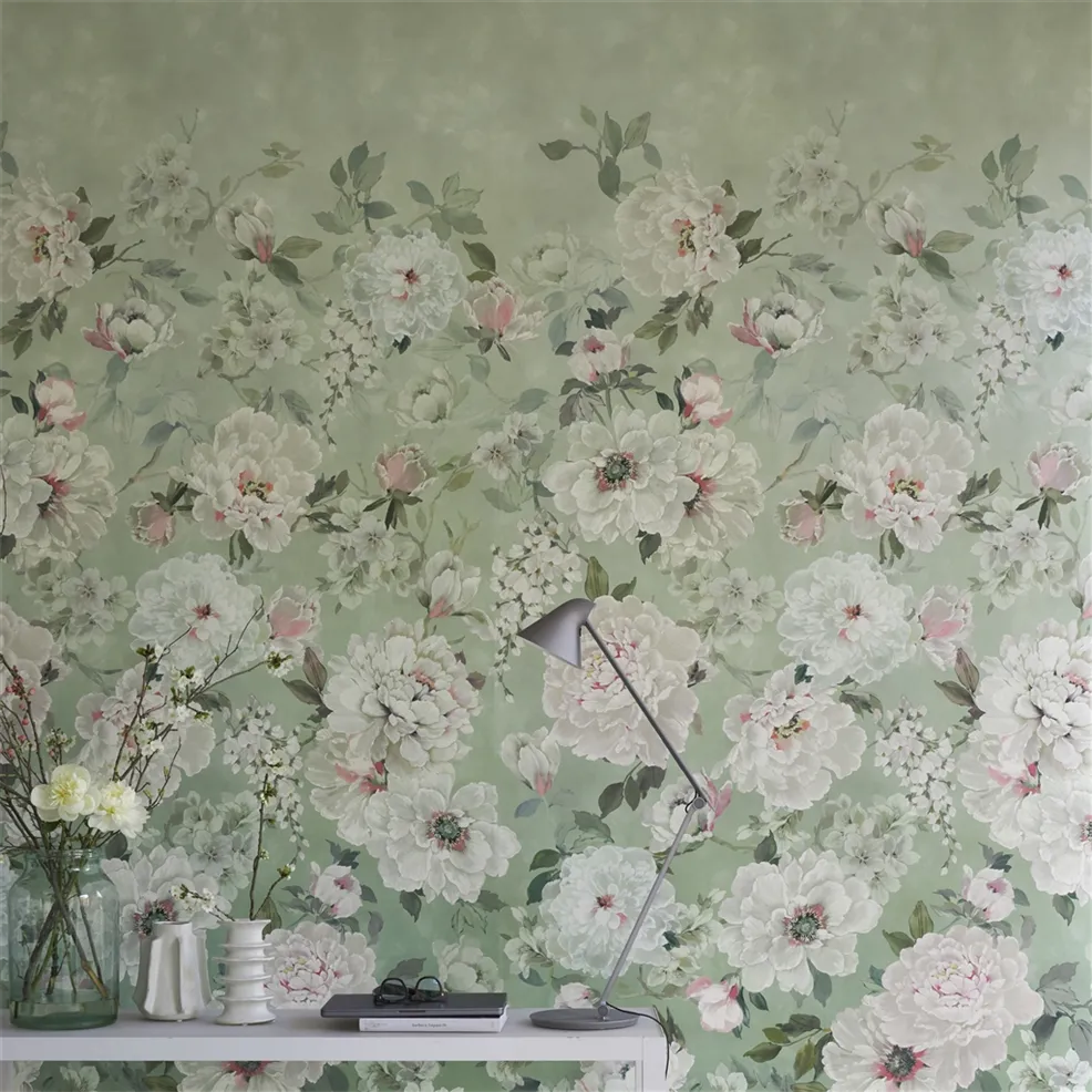 Fleur Blanche Eau De Nil Room Wallpaper
