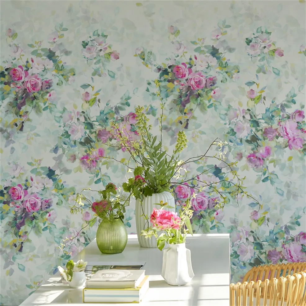 Bouquet De Roses Celadon Room Wallpaper