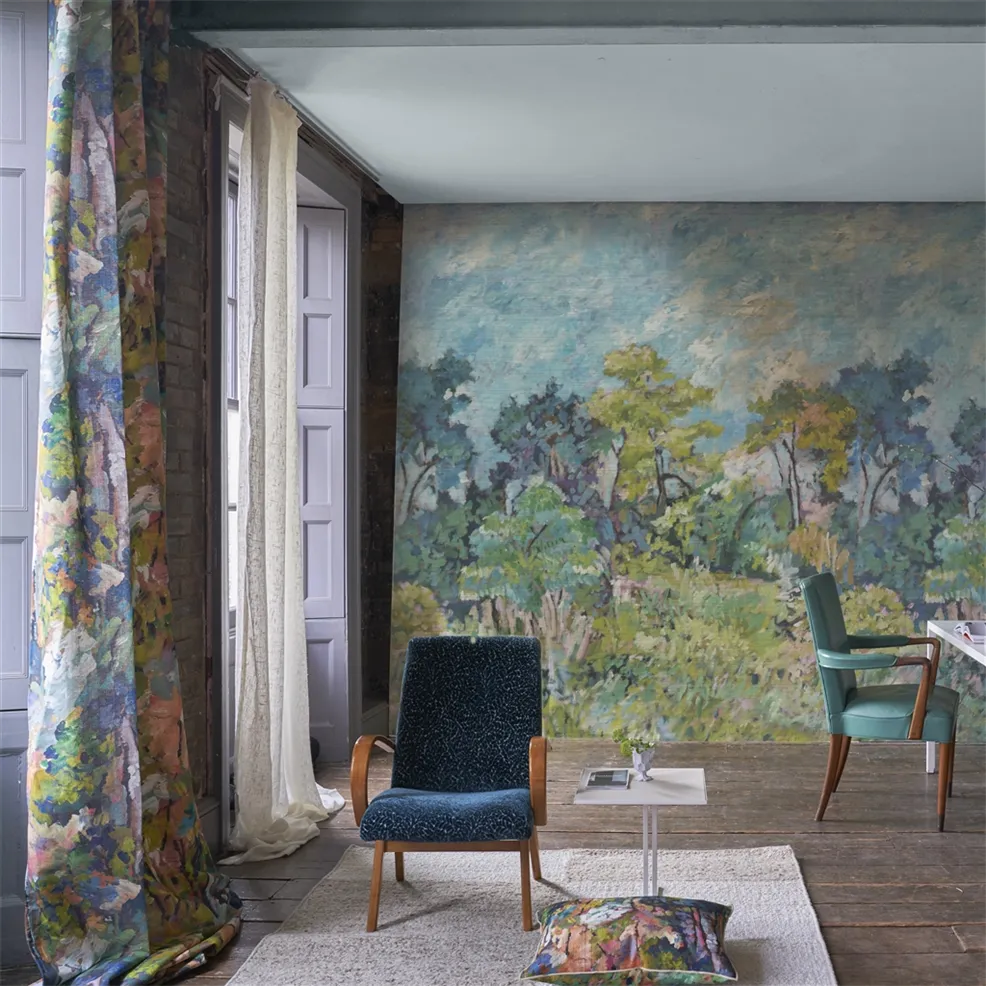 Foret Impressionniste Grasscloth Celadon Room Wallpaper