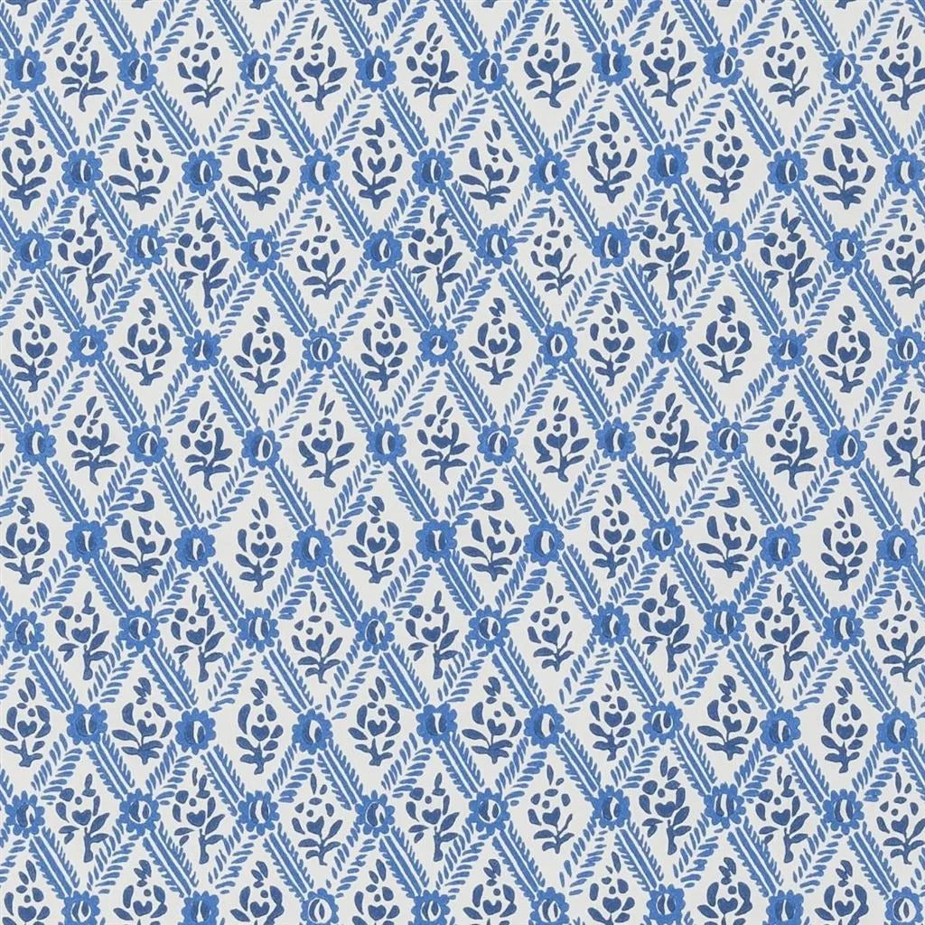 St John Street Trellis Woad Wallpaper - Blue