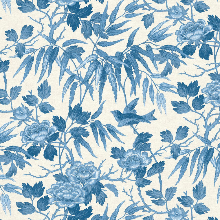 PEONIES China Blue Linen Mix Fabric - Warner House