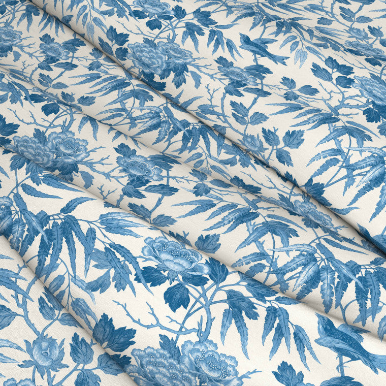 PEONIES China Blue Linen Mix Fabric - Warner House