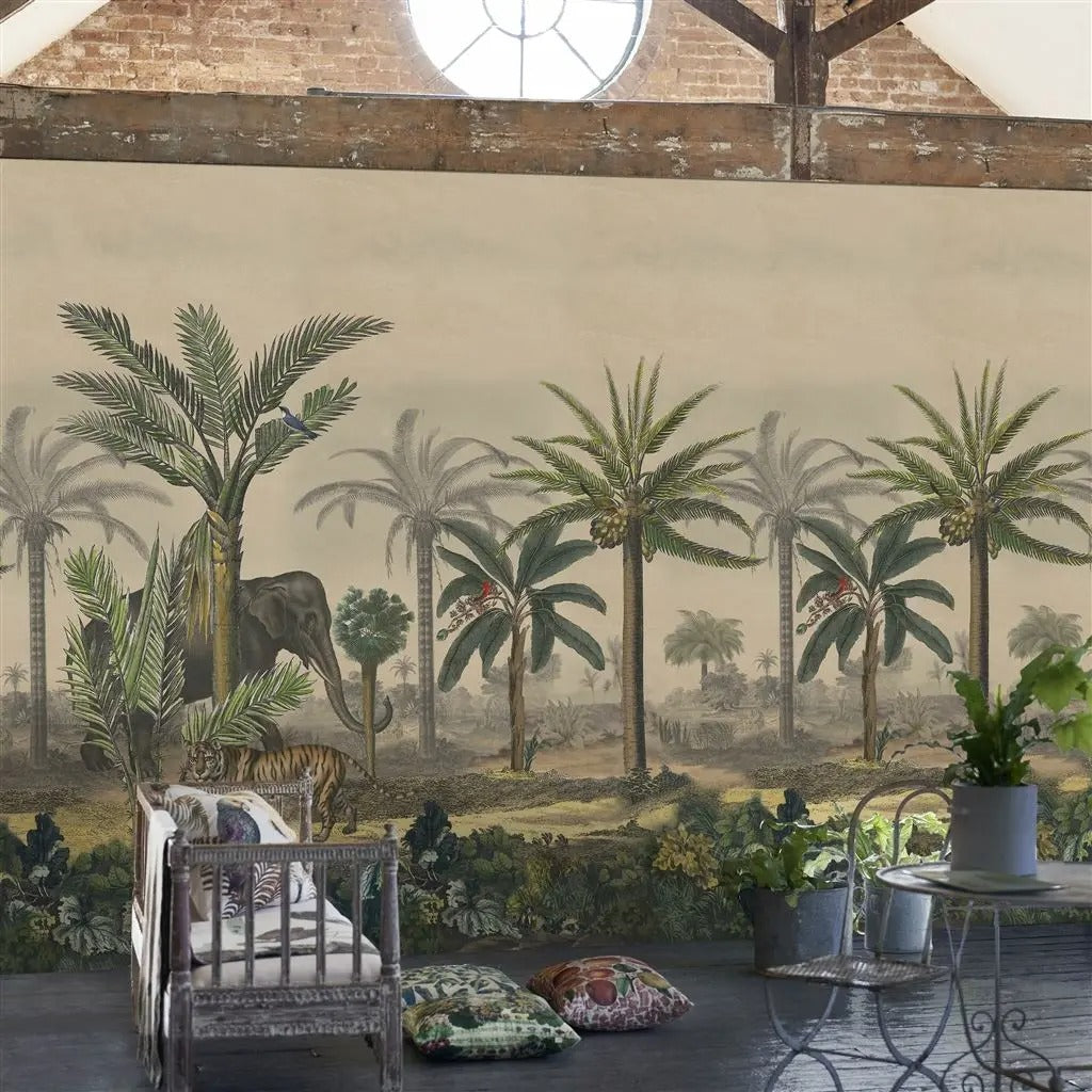 Palm Trail Scene 1 Sepia Room Wallpaper - Green