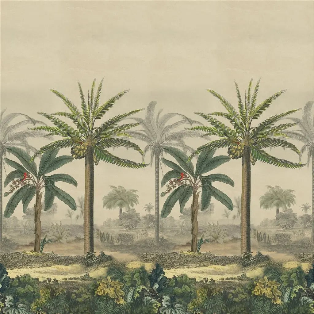 Palm Trail Scene 2 Sepia Wallpaper - Green