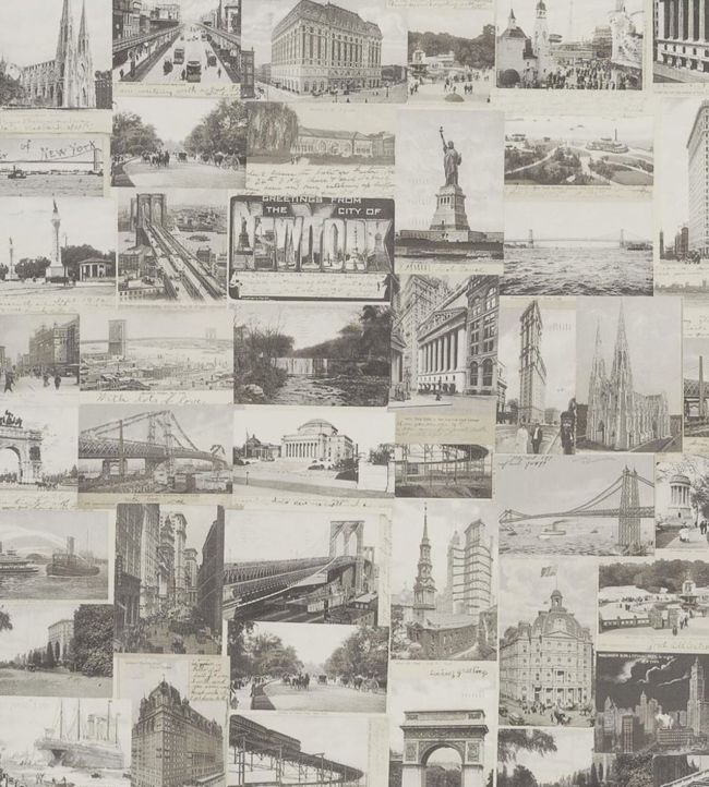 New York Postcard Wallpaper - Gray 