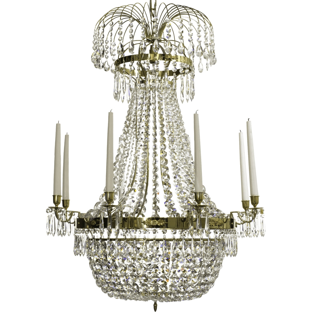 Polished Brass Empire 8 arm chandelier with crystal basket bottom