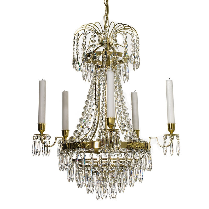Polished Brass Empire style 5 arm chandelier with crystals