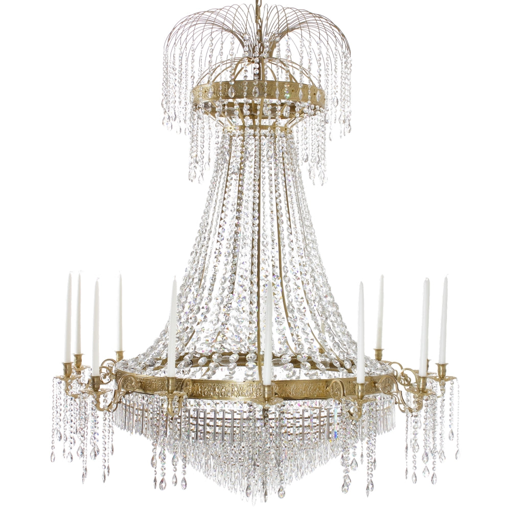 Polished brass Empire style chandelier with 14 arms and crystal octagons