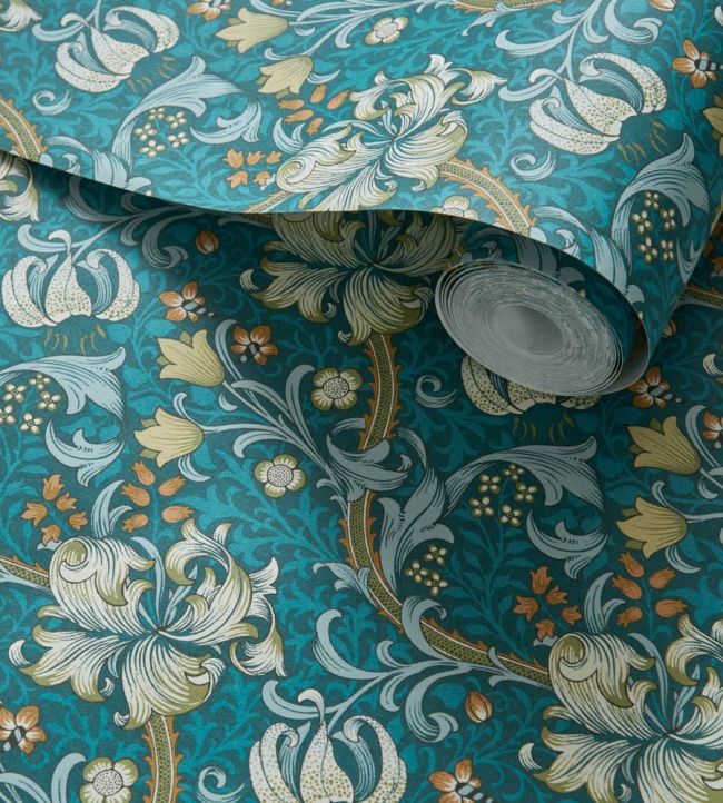 Golden Lily Wallpaper - Teal - Clarke & Clarke - William Morris