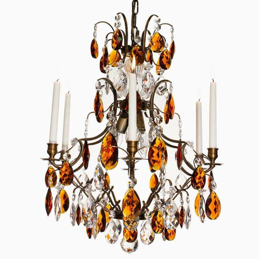 Baroque Chandelier - Dark Brass 6 Arm Baroque Style Chandelier With Coloured Crystals
