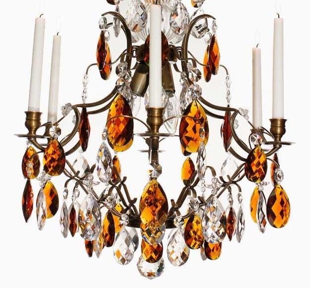 Baroque Chandelier - Dark Brass 6 Arm Baroque Style Chandelier With Coloured Crystals