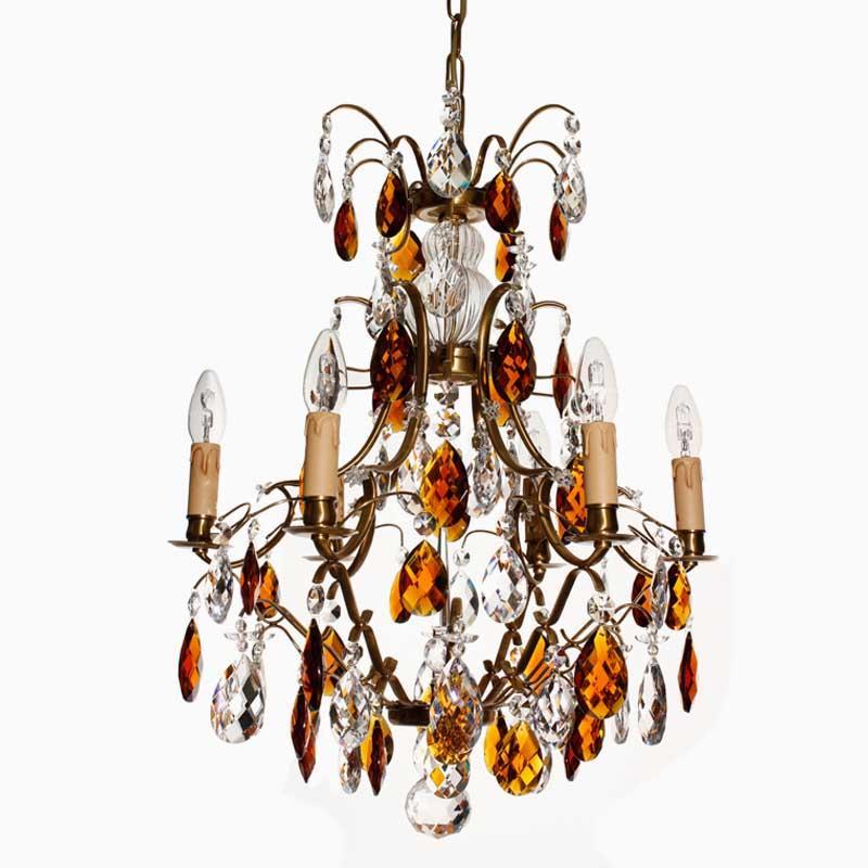 Baroque Chandelier - Light Brass 6 Arm Baroque Style Chandelier With Amber Crystals And Electric Candle Holders