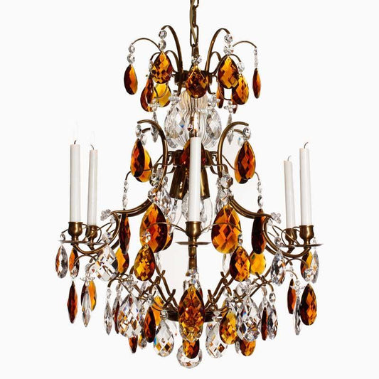 Baroque Chandelier - Light Brass 6 Arm Baroque Style Chandelier With Coloured Crystals