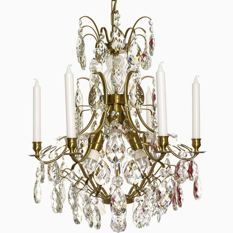 Baroque Chandelier - Light Brass Plated 6 Arm Baroque Style Chandelier With Almond Crystals