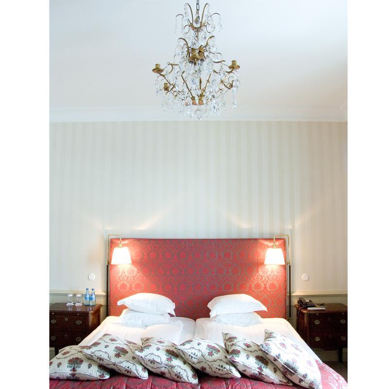Baroque Chandelier - Light Brass Plated 6 Arm Baroque Style Chandelier above bed