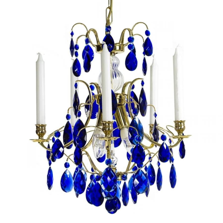 Baroque style chandelier with cobalt blue almond shaped crystals