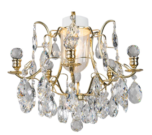 Bathroom chandelier - brass with crystals - light on