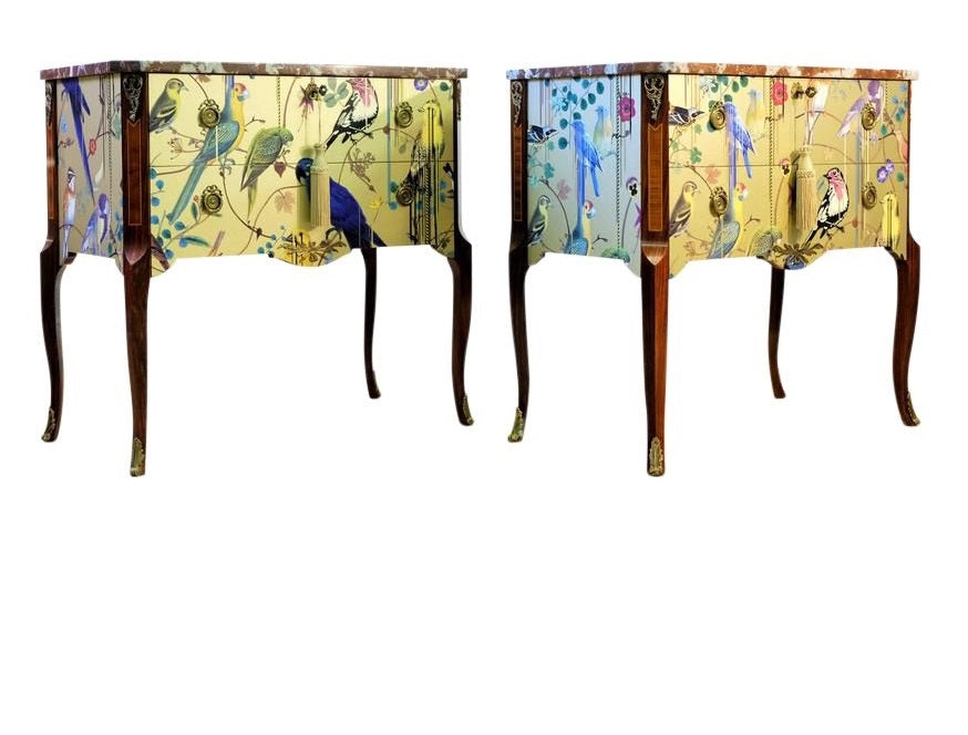 (707-2) Pair of Classic Gustavian Louis XV Style Chests with Christian Lacroix Design