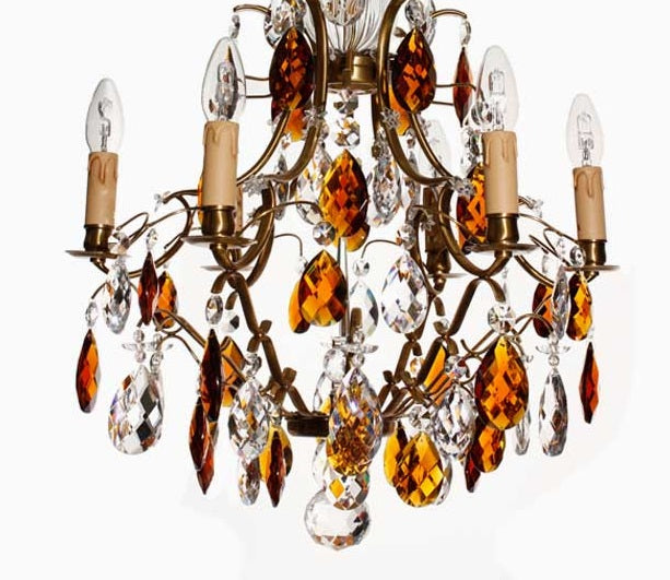 22 Baroque Chandelier - 6 Arms - Drop Crystals - Amber Coloured Crystals -  Electric Candles - Brass