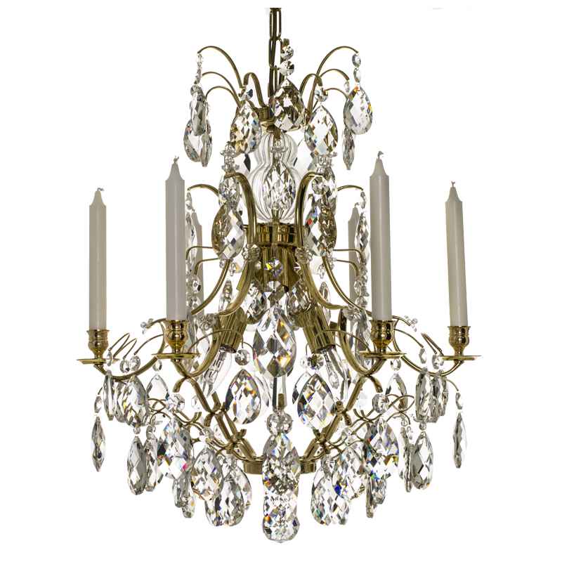 Baroque Chandelier - 6 Arms - Drop Crystals - Polished Brass