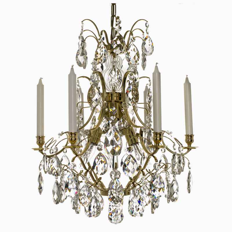 Baroque Chandelier - 6 Arms - Drop Crystals - Polished Brass close up