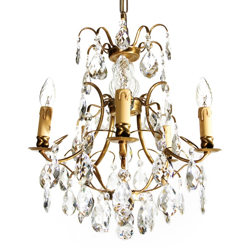 Baroque Chandelier - 6 Arms - Drop Crystals - Electric Candles - Brass