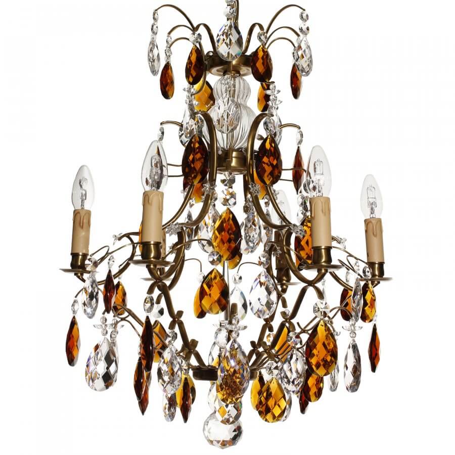 22 Baroque Chandelier - 6 Arms - Drop Crystals - Amber Coloured Crystals -  Electric Candles - Brass