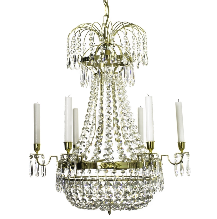  Empire Chandelier - 6 Arms - Basket Crystals - Polished Brass