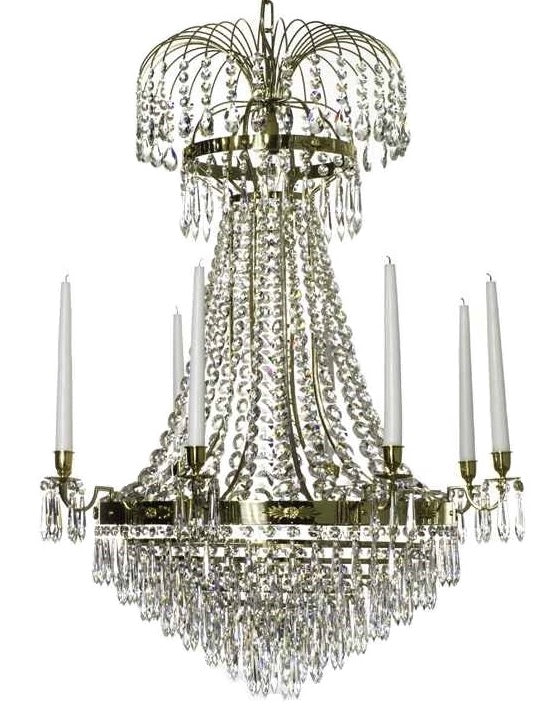 Polished brass Empire style chandelier with 8 arms and crystal octagons