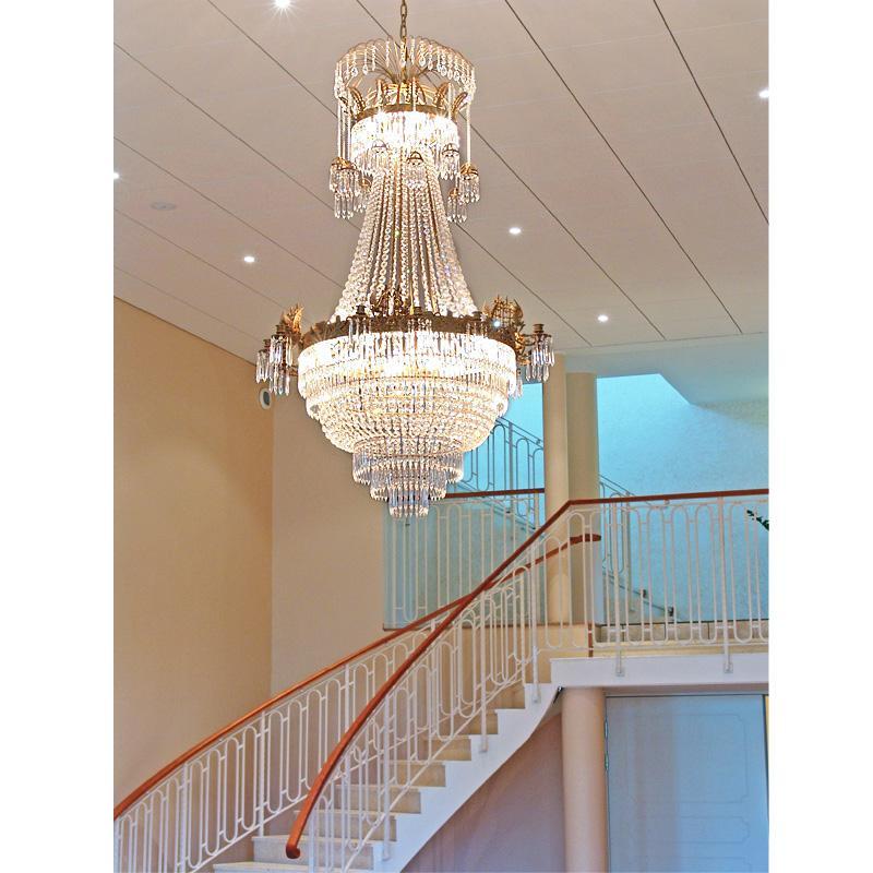 Empire Chandelier - Large Light Brass Colour Empire Style Chandelier With Crystal Octagons stairwell
