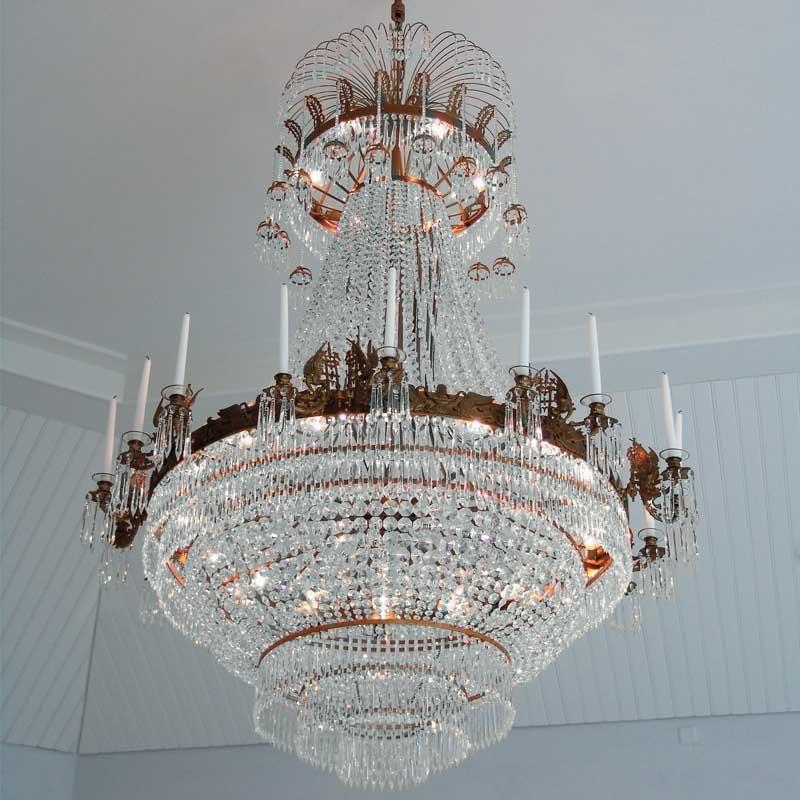 Empire Chandelier - Large Light Brass Colour Empire Style Chandelier With Crystal Octagons And 18 Candle Holders