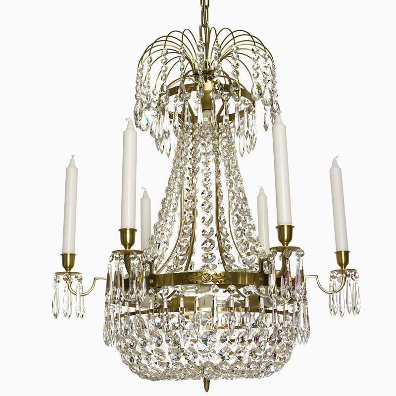 Empire Chandelier - Light Brass Empire Style 6 Arm Chandelier With Crystal Octagons