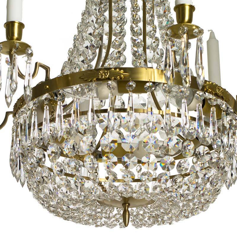 Empire Chandelier - Light Brass Empire Style 6 Arm Chandelier crystal detail