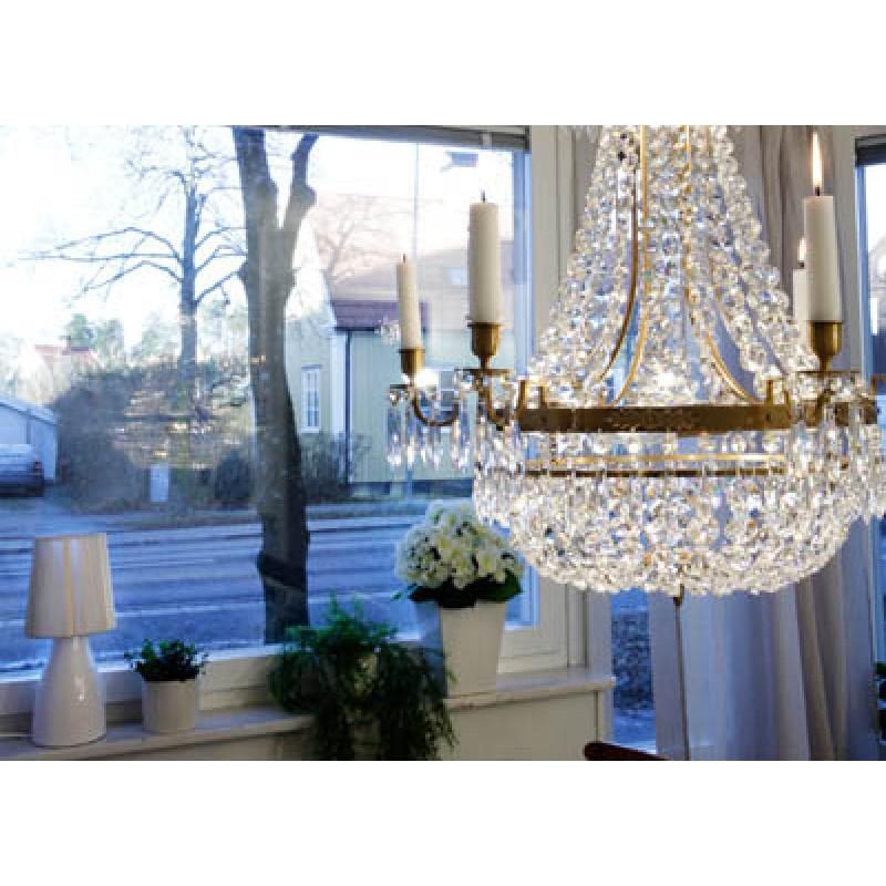 Empire Chandelier - Light Brass Empire Style 6 Arm Chandelier With Crystal Octagons close up detail