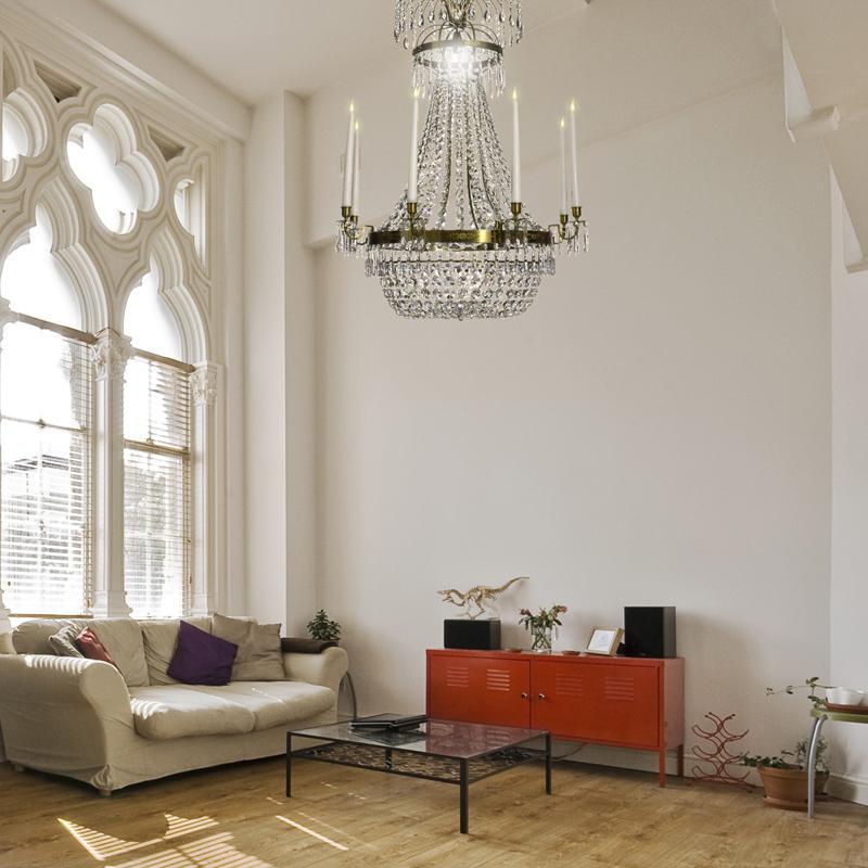 Empire Chandelier - Light Brass Empire Style 8 Arm Chandelier With Crystal Octagons living room