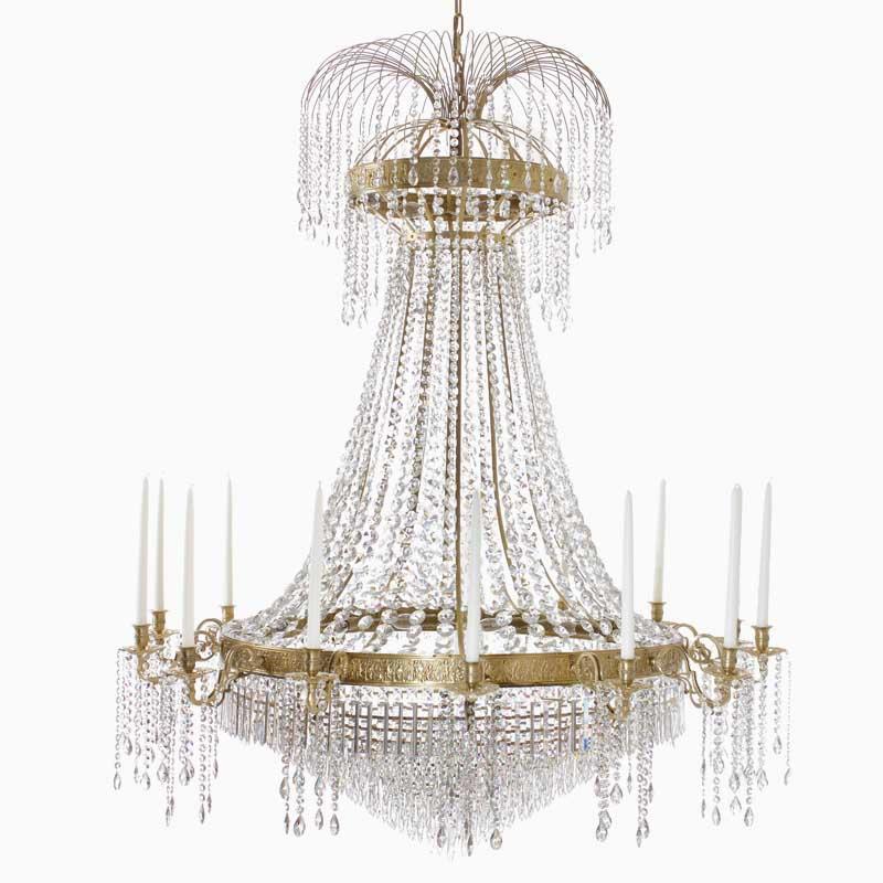 Empire Chandelier - Polished Brass Empire Style Chandelier With 14 Arms And Crystal Octagons