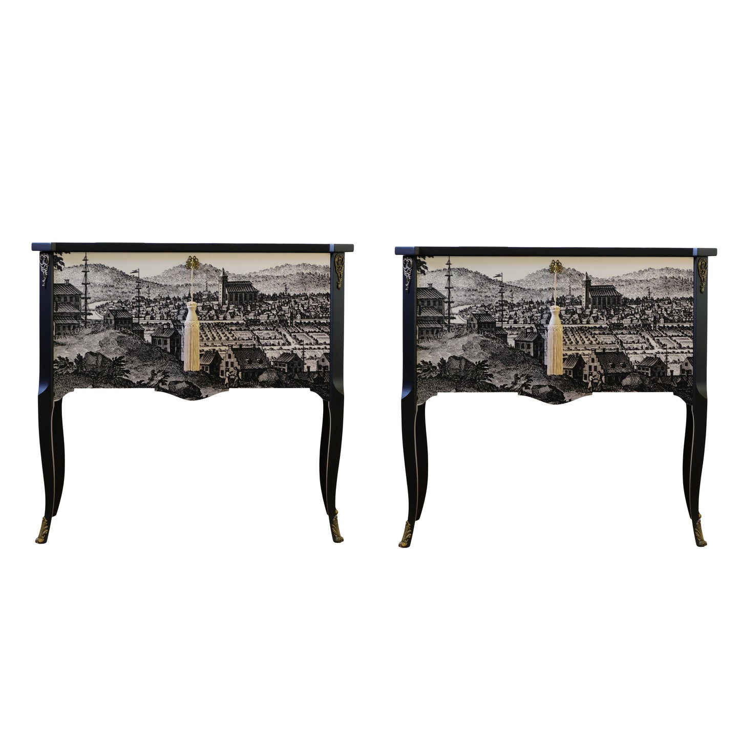 (670-2) Gustavian Commode With 17th Century Print (A Pair)
