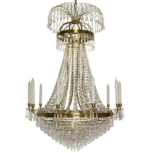 Light brass Empire chandelier with 10 arms and crystal octagons
