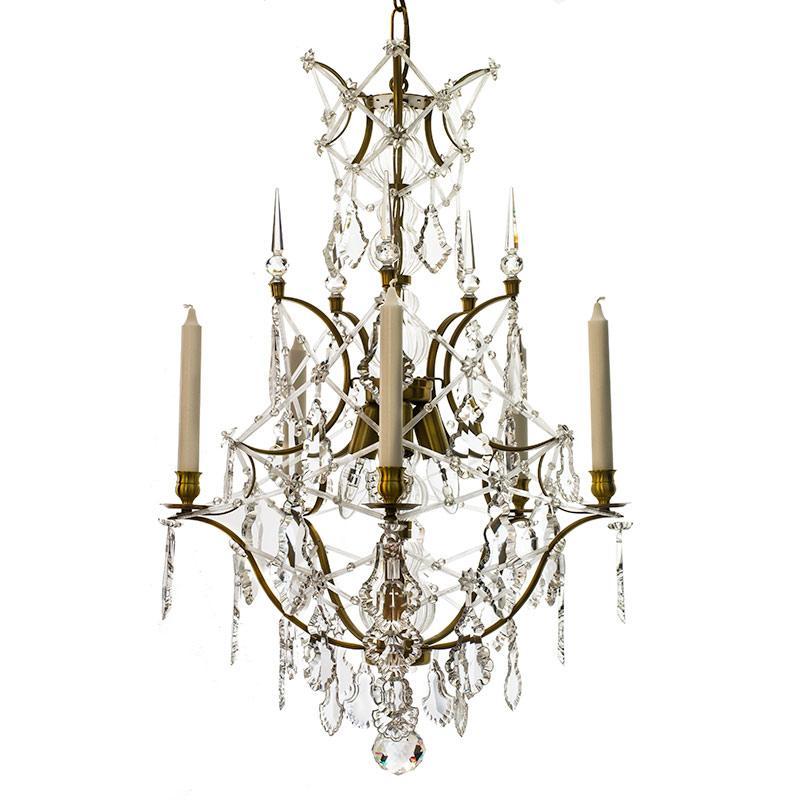 Rococo Chandelier - Light Brass Rococo Style Chandelier With 5 Arms And Crystal Pendeloques