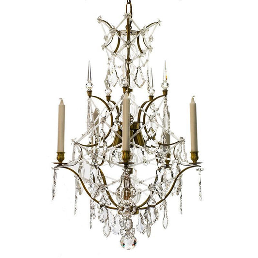 Rococo Chandelier - Light Brass Rococo Style Chandelier With 5 Arms And Crystal Pendeloques